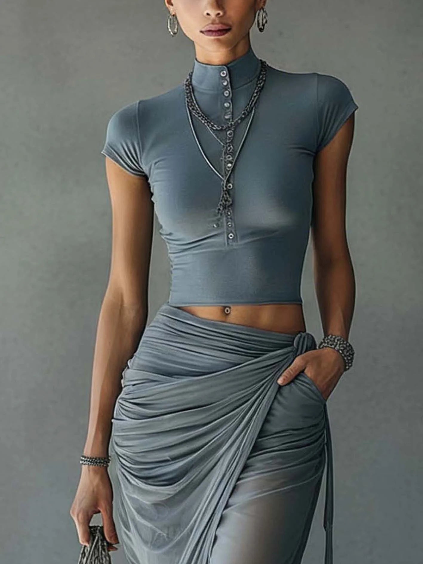 Set T-Shirt Blu e Gonna Drappeggiata in Rete — Lucia Toscana (3)