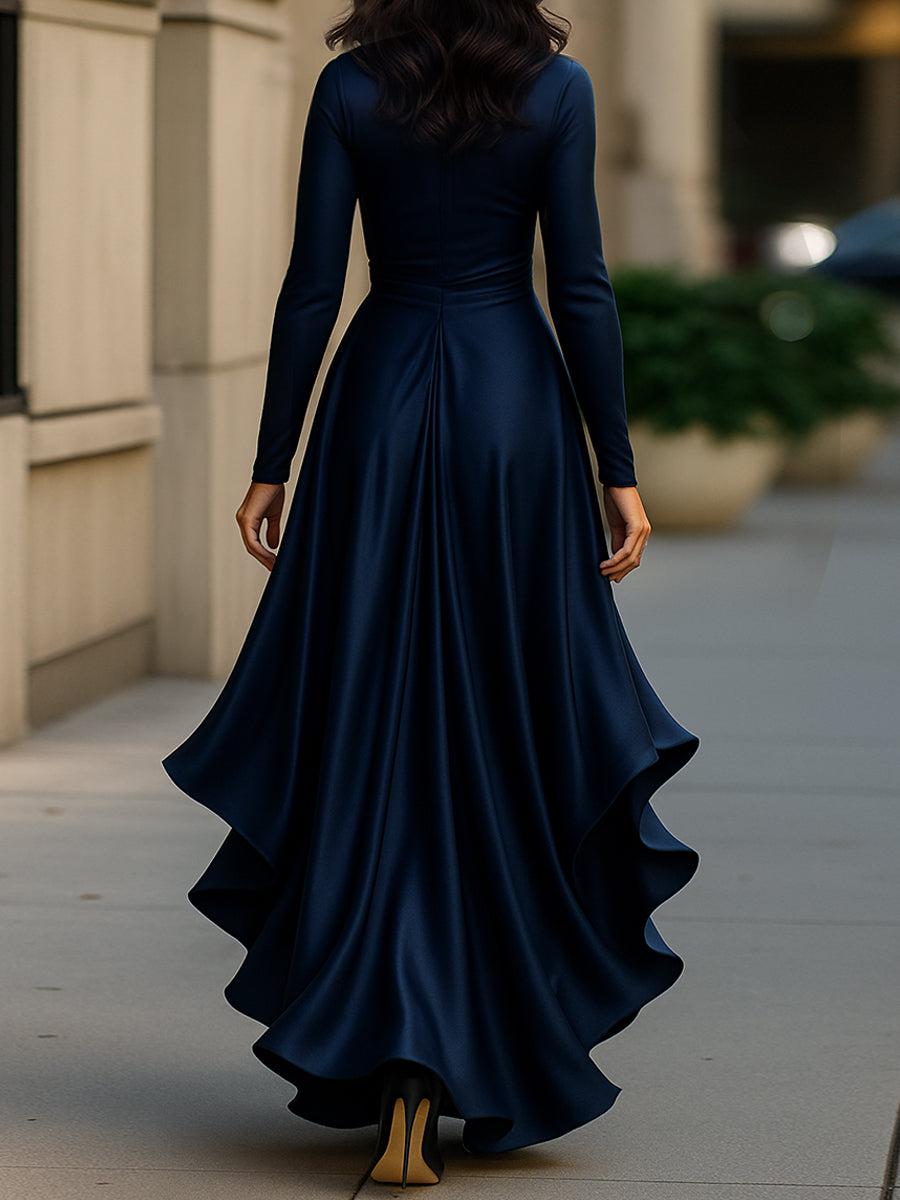 Palma | Abito Maxi in Satin Drappeggiato con Dettagli a Rouches