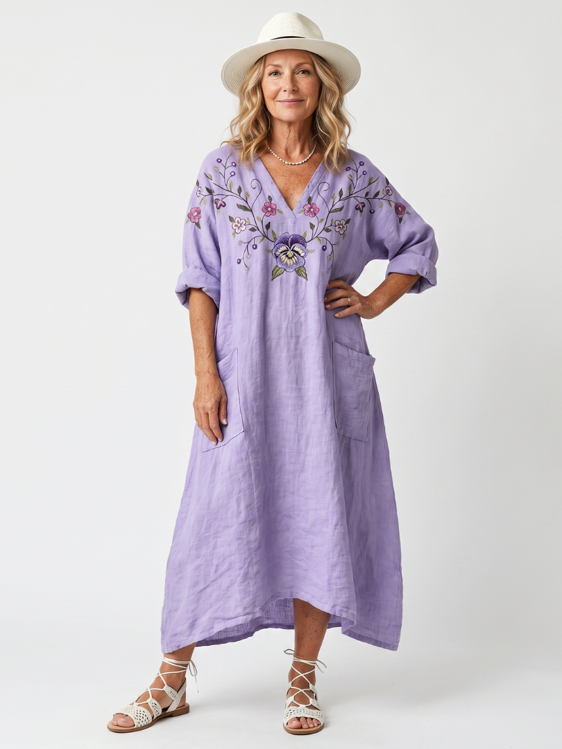 Tavi | Vestito Midi Oversized con Tasche Ricamato a Fiori