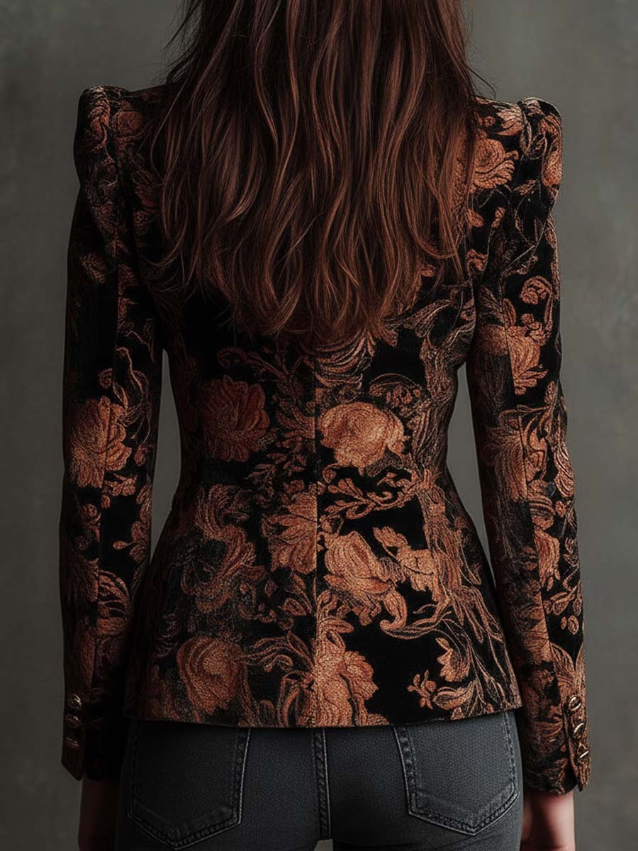 Blazer Tailored Nera e Bronzo con Stampa Floreale per Donne