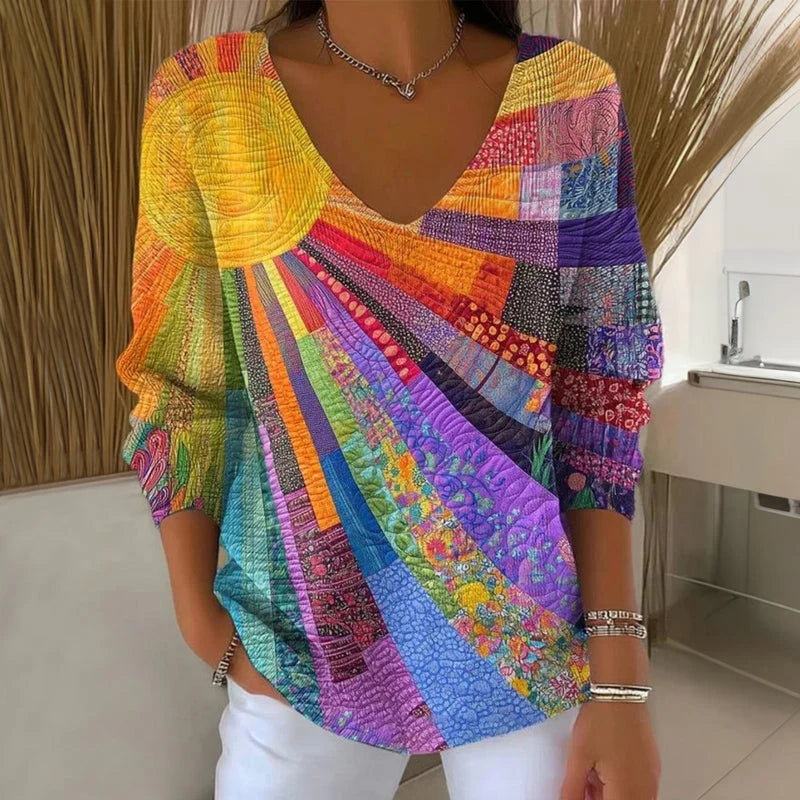 Sylvie | Top a maniche lunghe con scollatura a V in stampa patchwork
