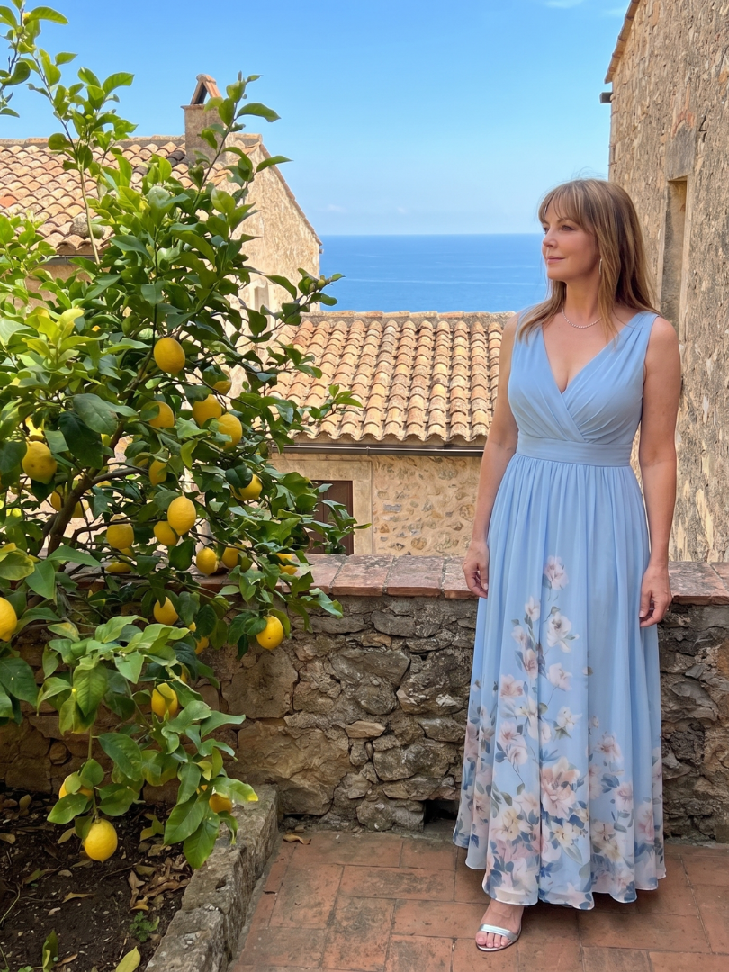 Clarissa | Abito midi senza maniche con scollatura a V e orlo floreale morbido