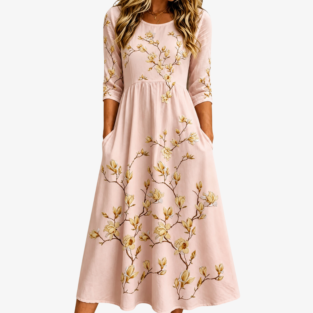 Abito Midi con Tasche Golden Magnolia Bloom