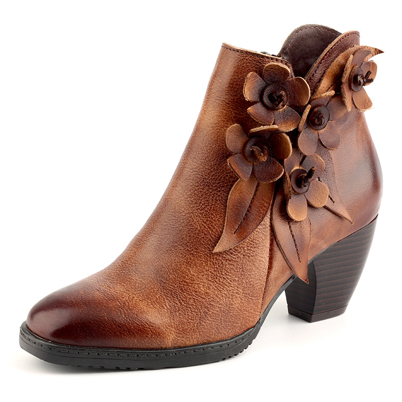 Juliette - Stivaletti Ankle in Pelle Fatta a Mano con Motivo Floreale e Colore Unito