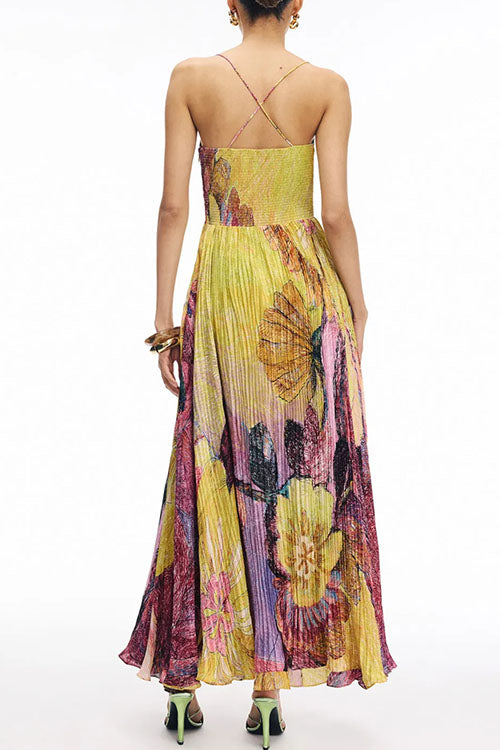 Abito Maxi Plissettato con Stampa Floreale e Spalline Sottile