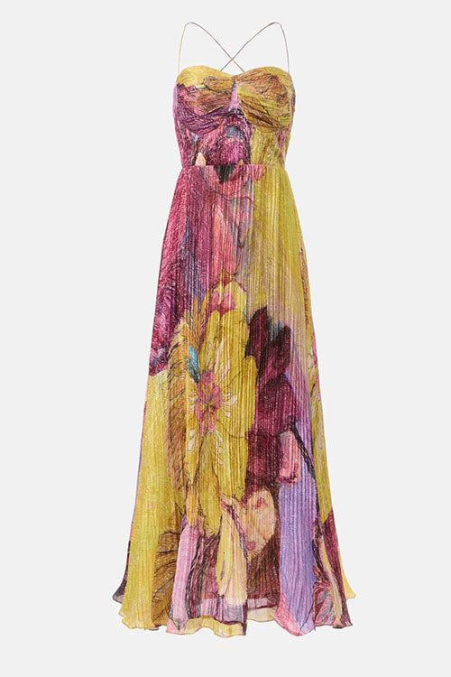 Abito Maxi Plissettato con Stampa Floreale e Spalline Sottile