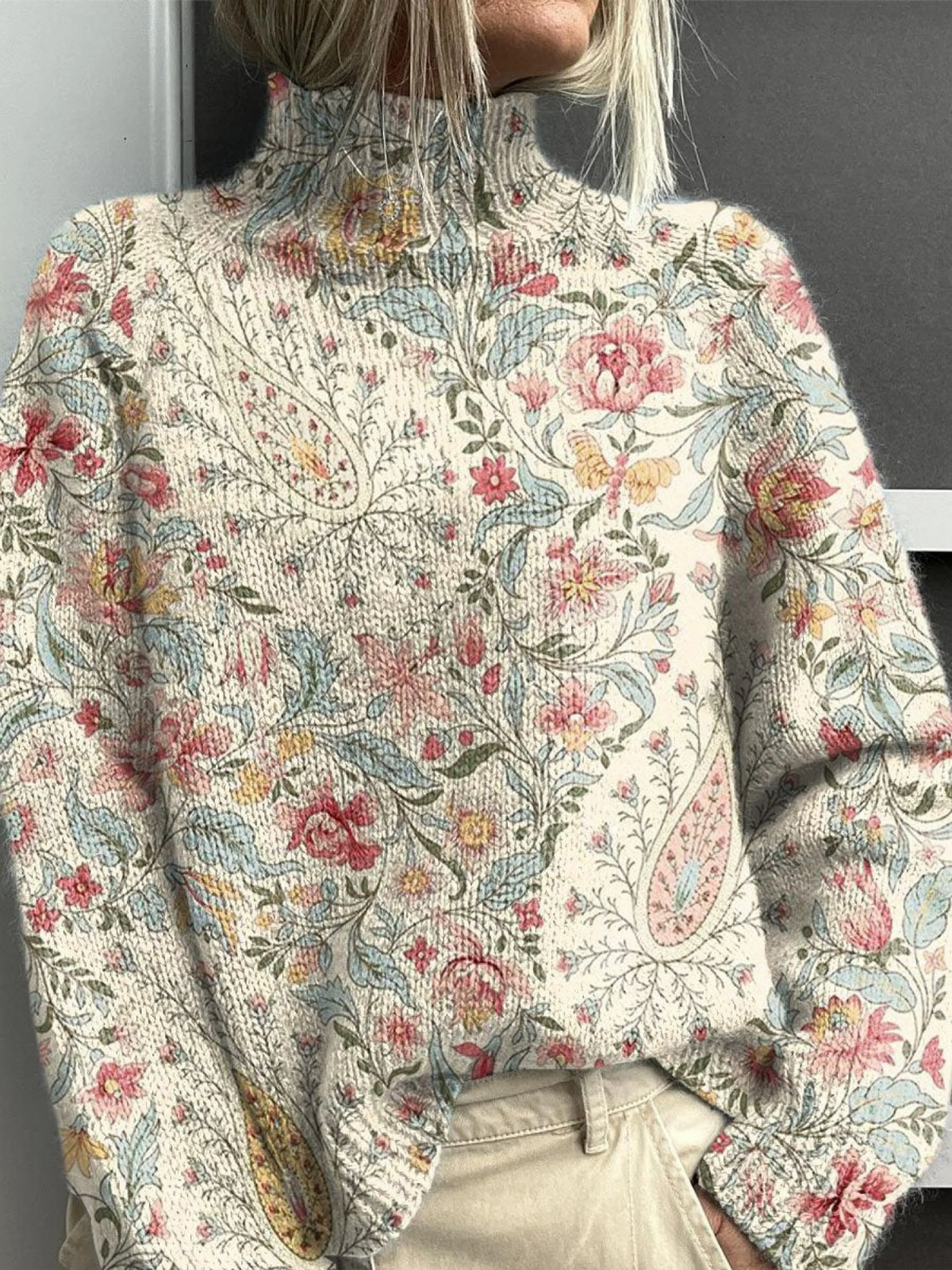 Corinna | Maglione Vintage a Collo Alto con Stampa Floreale