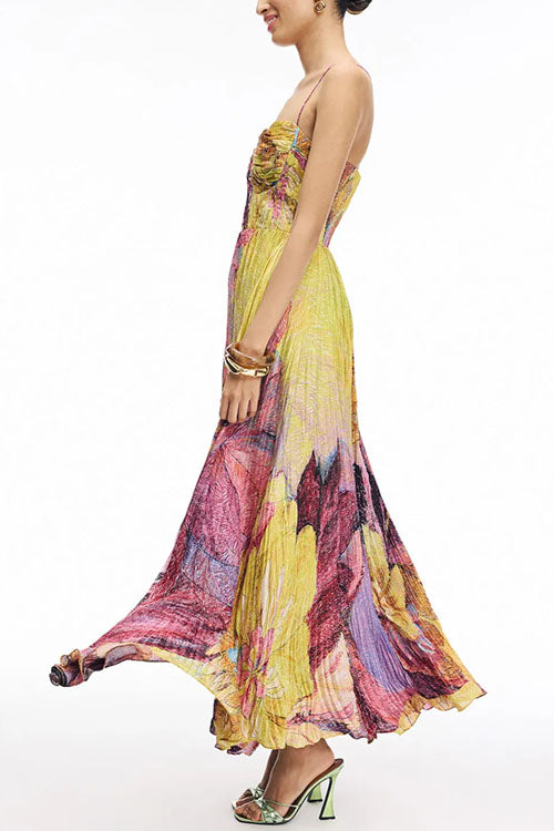 Abito Maxi Plissettato con Stampa Floreale e Spalline Sottile