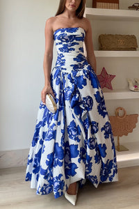 Abito Maxi a Stile Imperiale Senza Spalline con Gonna Ampia e Stampa Floreale