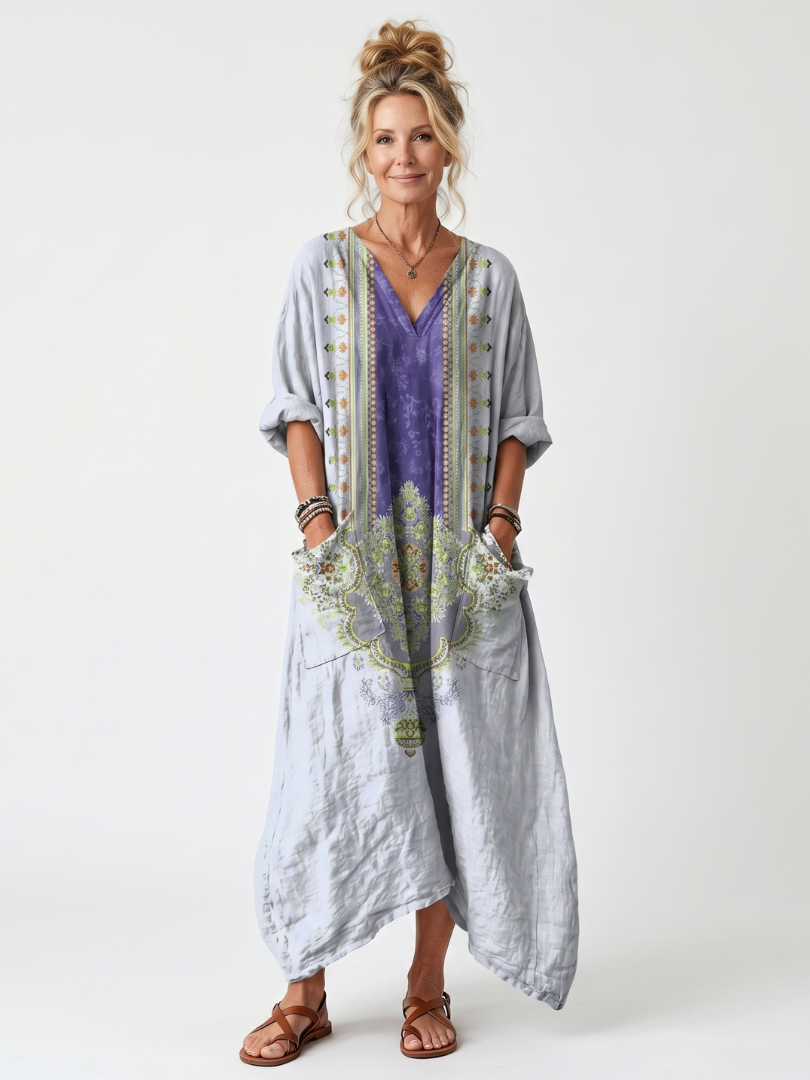 Raina | Abito midi oversized con pannello a contrasto e ricami