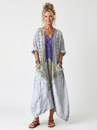 Raina | Vestito midi oversized con pannello a contrasto e ricami