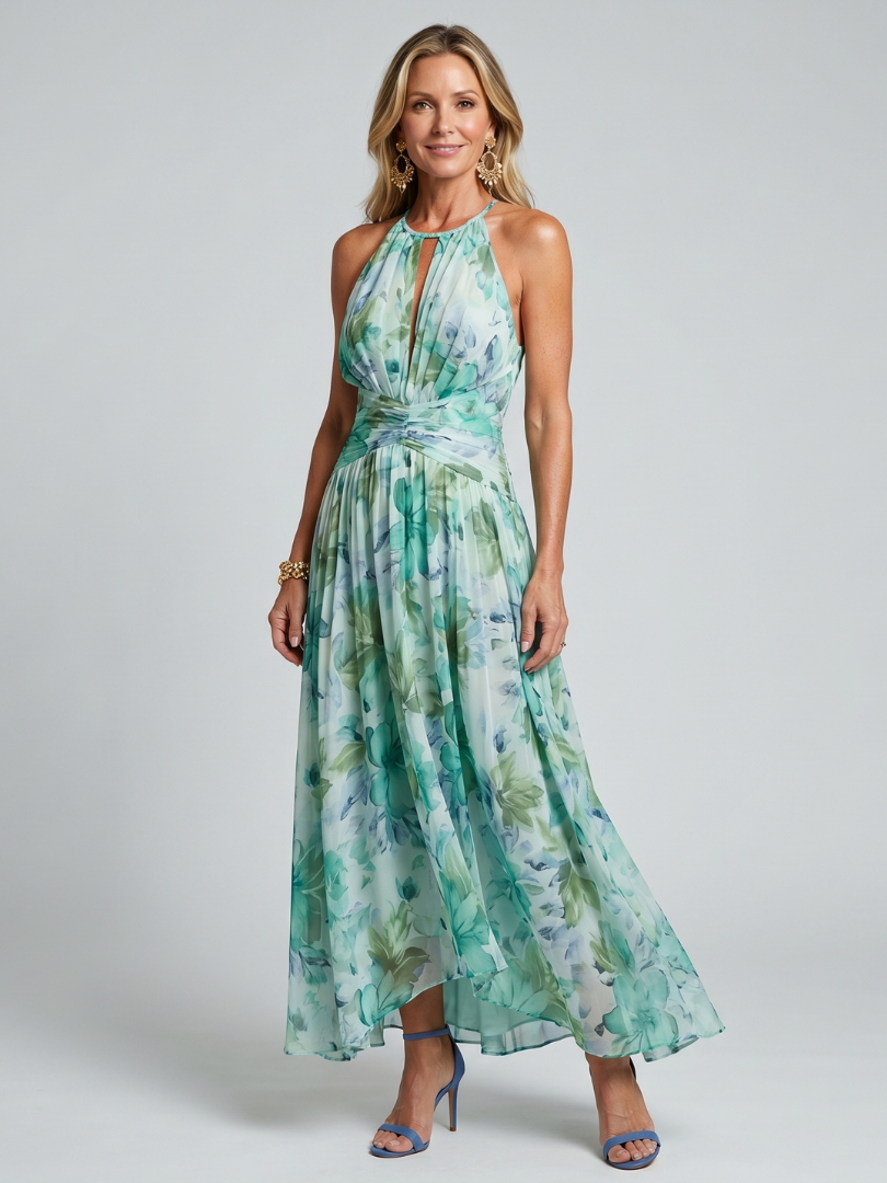 Portia™ Abito Midi con Scollo All'Americana e Fantasia Floreale Pieghettata