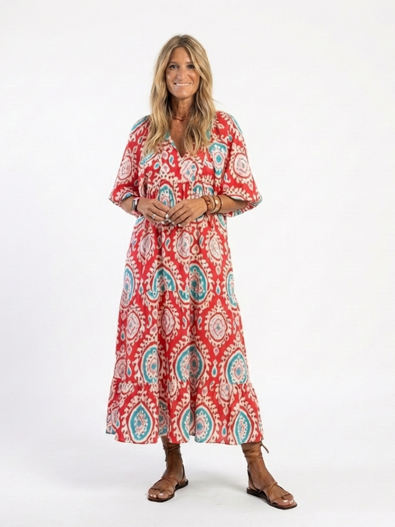 Zaria | Abito midi a maniche corte con scollo a V e stampa paisley