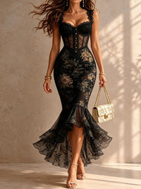 Abito Midi Mermaide Nero Romantico con Pizzo