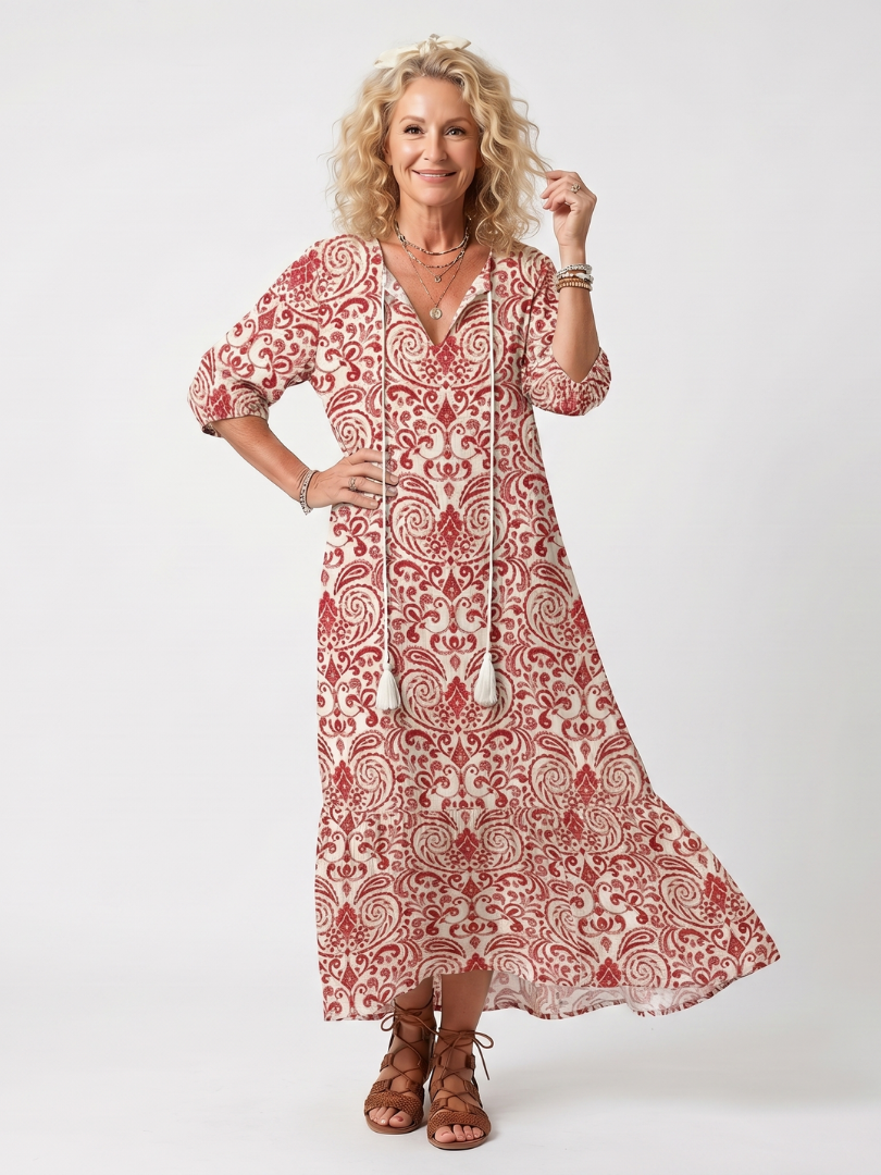 Noelle | Abito midi con stampa ornata e laccetti a frange