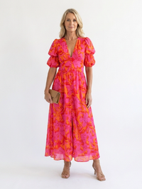 Willow | Vestito Midi a Maniche Puff con Scollatura a V Floreale