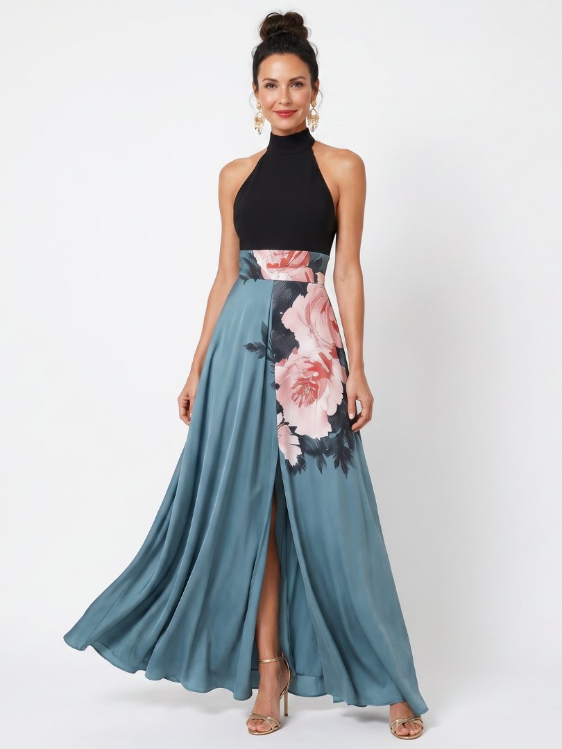 Abito Maxi con Gonna Floreale e Corpino Halter Olympas™