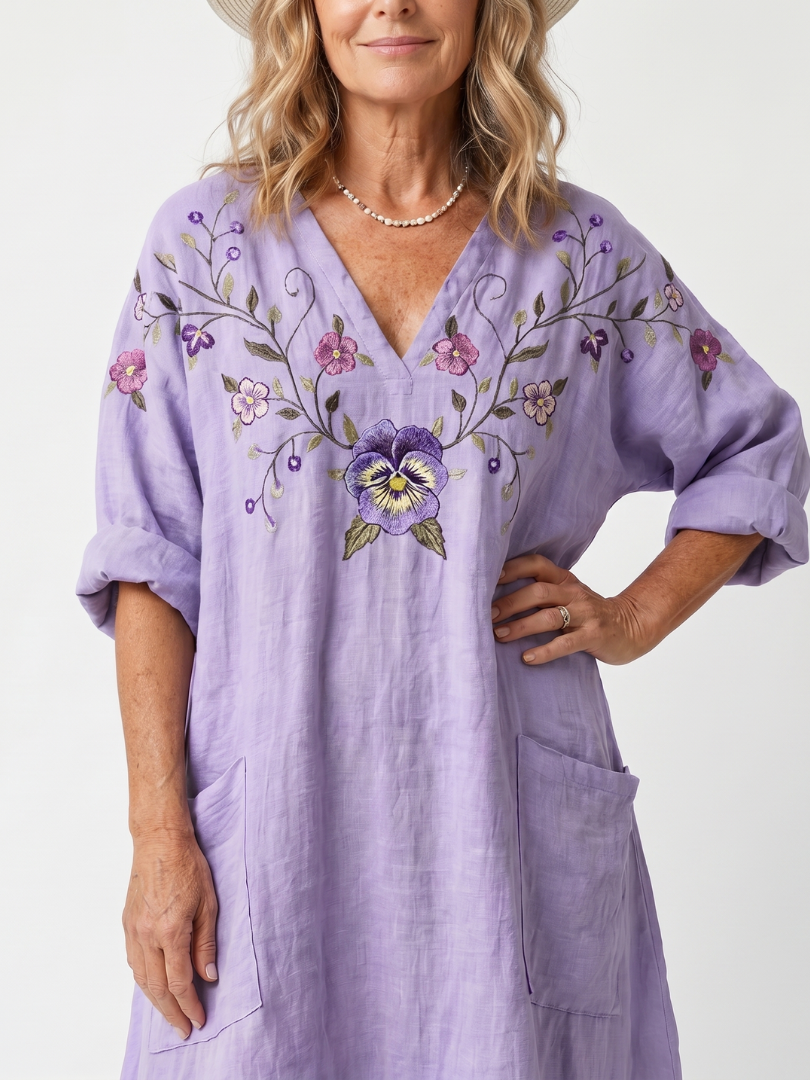 Tavi | Vestito Midi Oversize con Ricami Floreali e Tasche