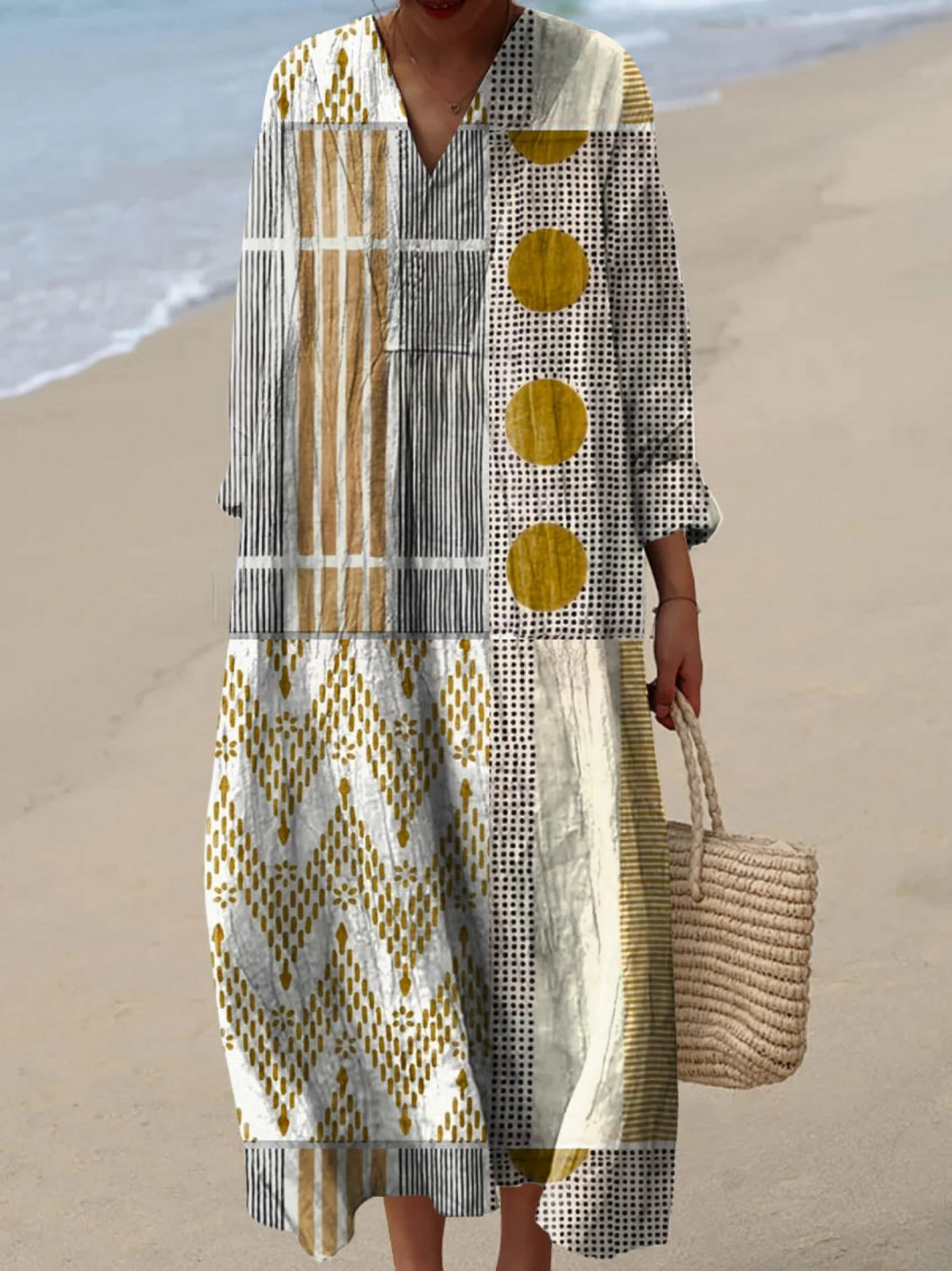 Imani | Boho Maxi Dress in Linen-Effect Patchwork