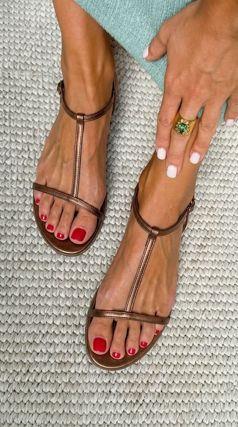 Sandali piatti in ottica metallica con cinturini a forma di T