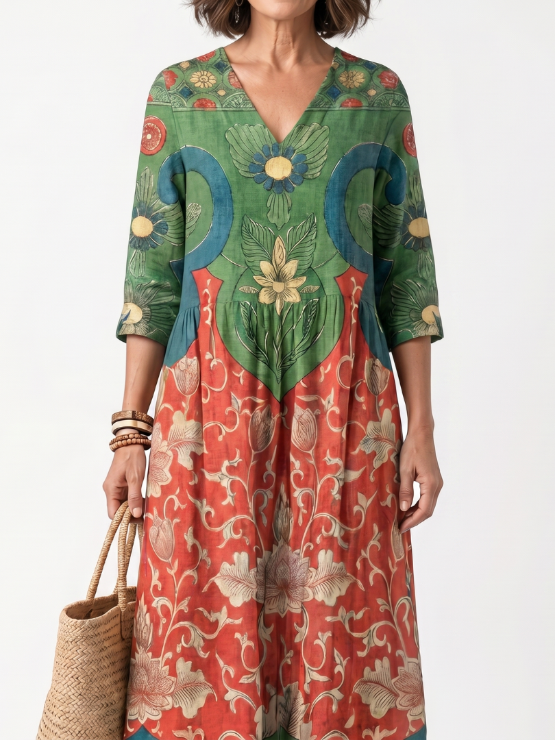 Sloane | Vestito Midi con Stampa Mista e Scollo a V
