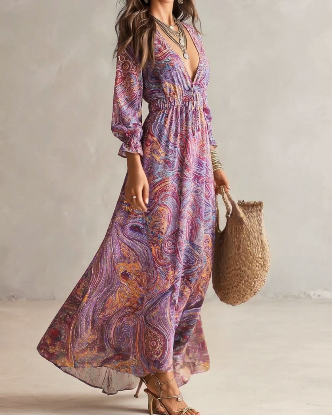 Abito Maxi in Chiffon con Stampa Paisley e Scollo a V