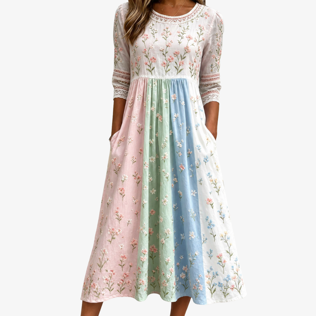 Abito Midi Floral con Tasche in Stile Pastel Meadow