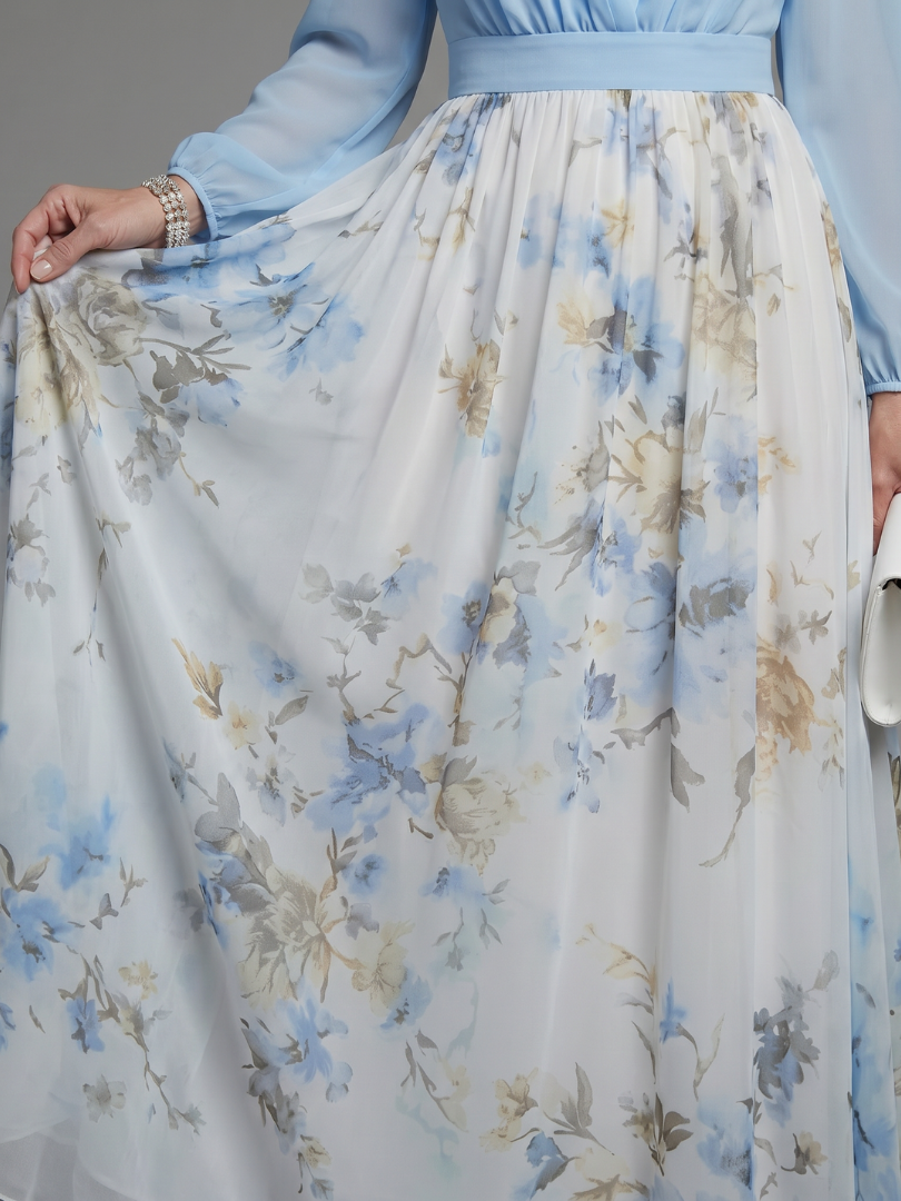 Augusta | Abito Maxi Floreale con Corpino Trasparente e Scollatura a V