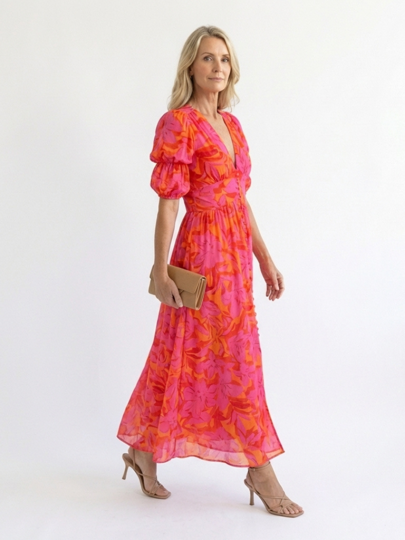 Willow | Vestito Midi a Maniche Puff con Scollatura a V Floreale