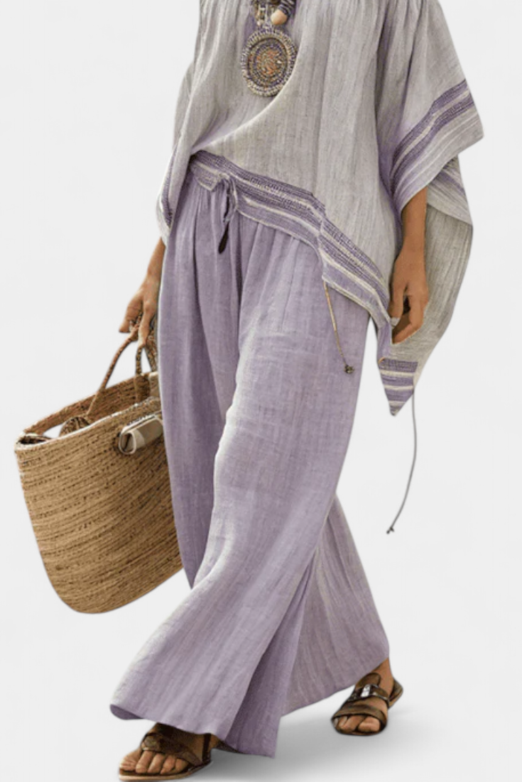 Zandrel | Elegante Top Off-Shoulder & Pantaloni a Righe a Gamba Larga