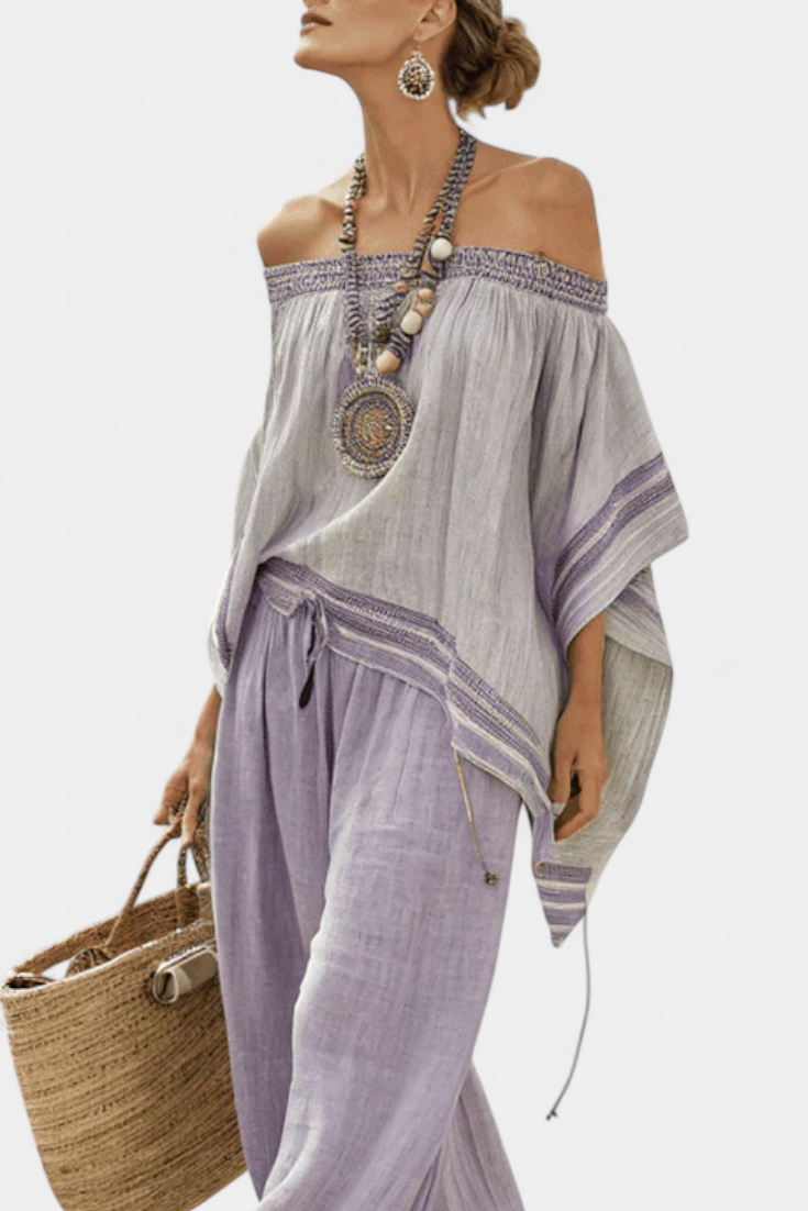 Zandrel | Elegante Top Off-Shoulder & Pantaloni a Righe a Gamba Larga