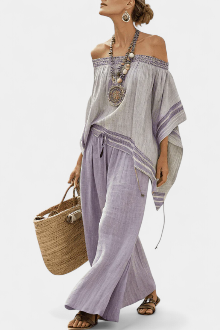 Zandrel | Elegante Top Off-Shoulder & Pantaloni a Righe a Gamba Larga