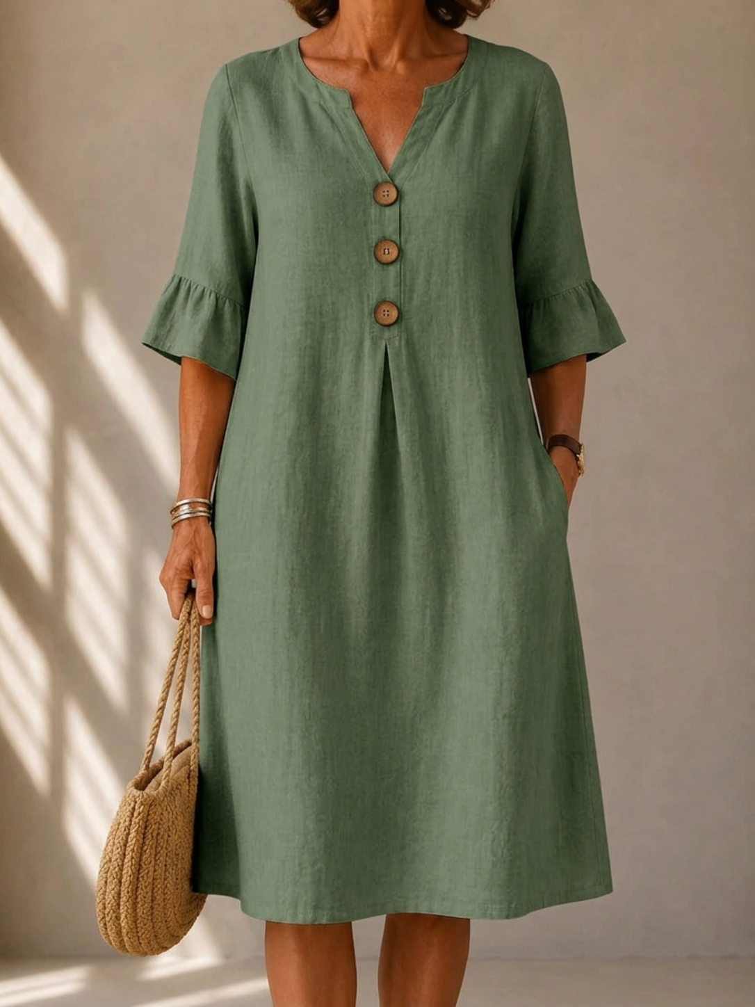Maya | Buttoned Midi Dress with Pleated Front