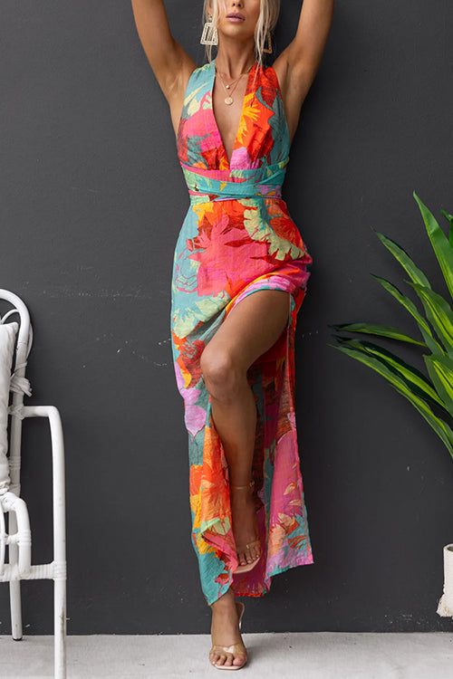 Abito Maxi Senza Maniche con Scollo a V, Fiocco sul Retro e Spacco con Stampa Floreale
