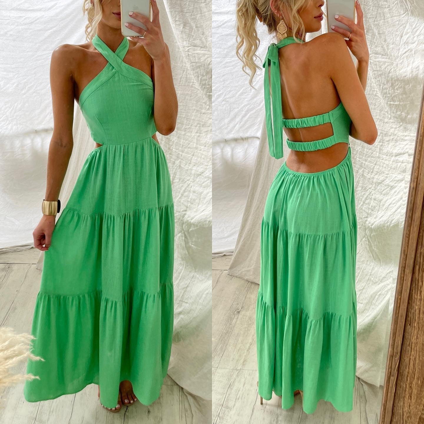 Abito Maxi Vacanza a Strati con Scollo All'Americana e Schiena Scoperta