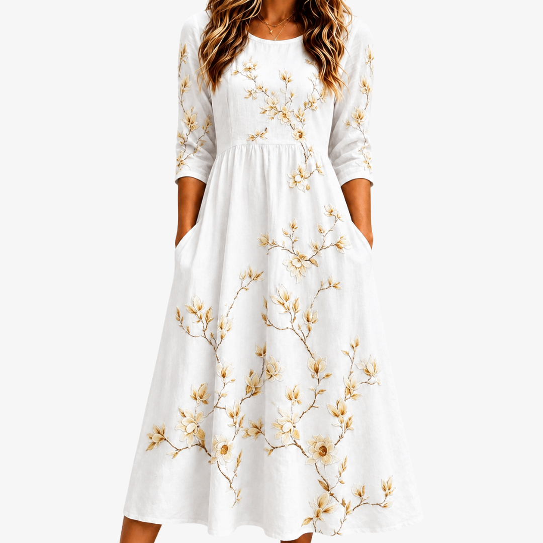 Abito Midi Grace Pocket in Avorio e Fiori