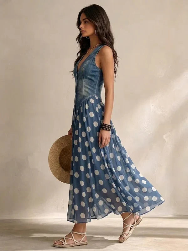 Maya | Dress with Denim Bodice & Polka-Dot Muslin Skirt