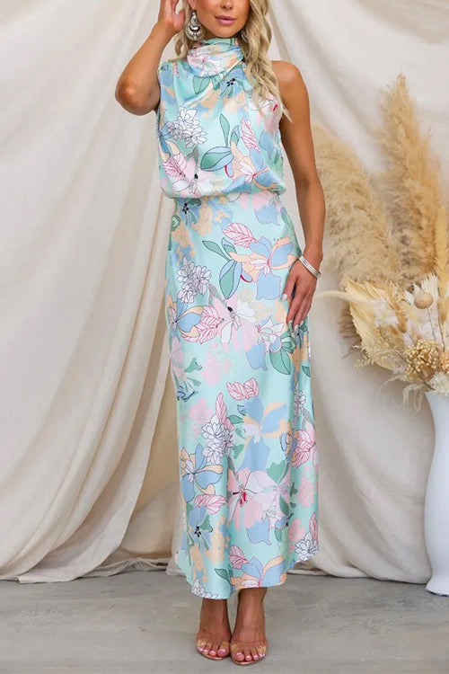 Abito Maxi in Satin Stampato Florale con Collo Irregolare Margovil