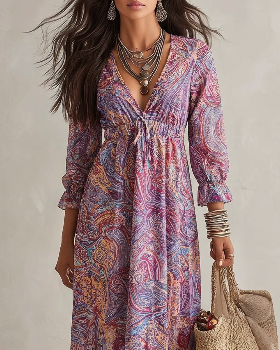 Abito Maxi in Chiffon con Stampa Paisley e Scollo a V