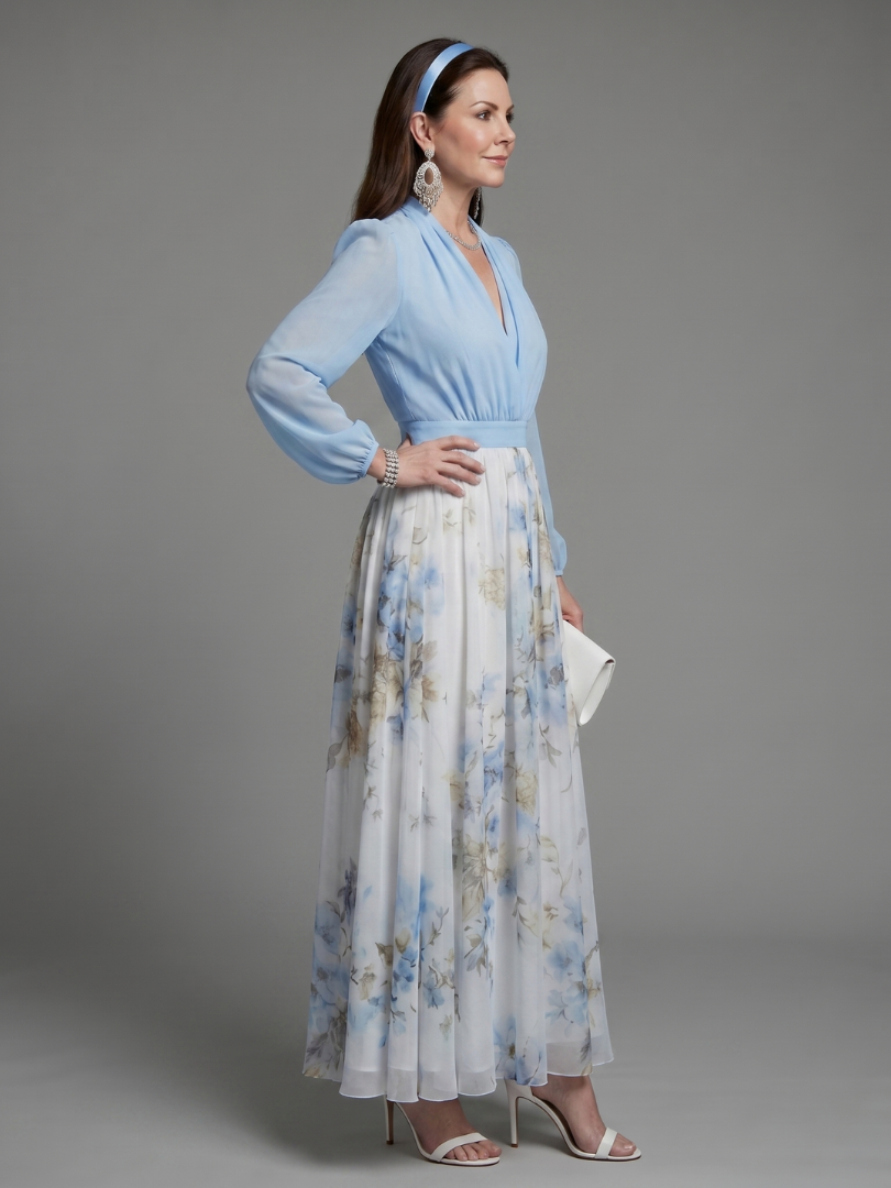 Augusta | Abito Maxi Floreale con Corpino Trasparente e Scollatura a V