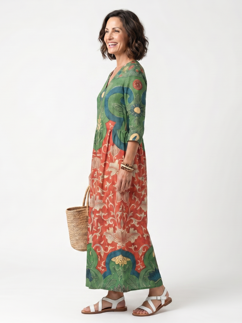 Sloane | Abito midi con stampa mista e scollatura a V