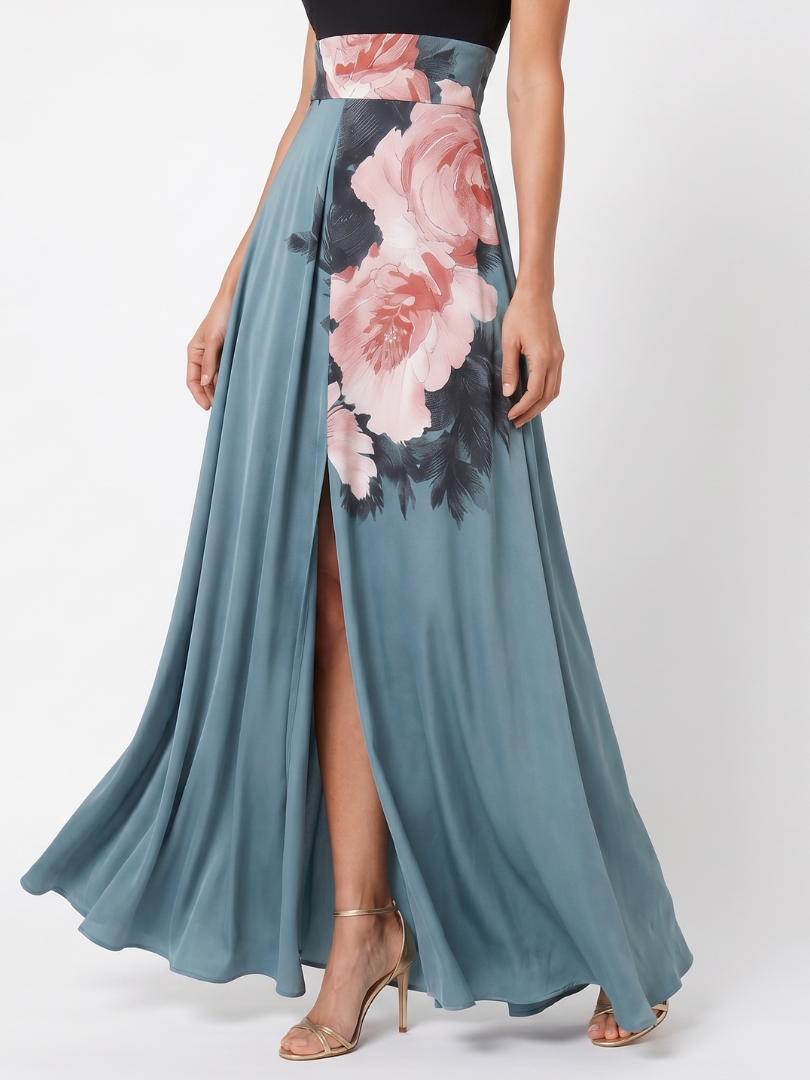 Abito Maxi con Gonna Floreale e Corpino Halter Olympas™