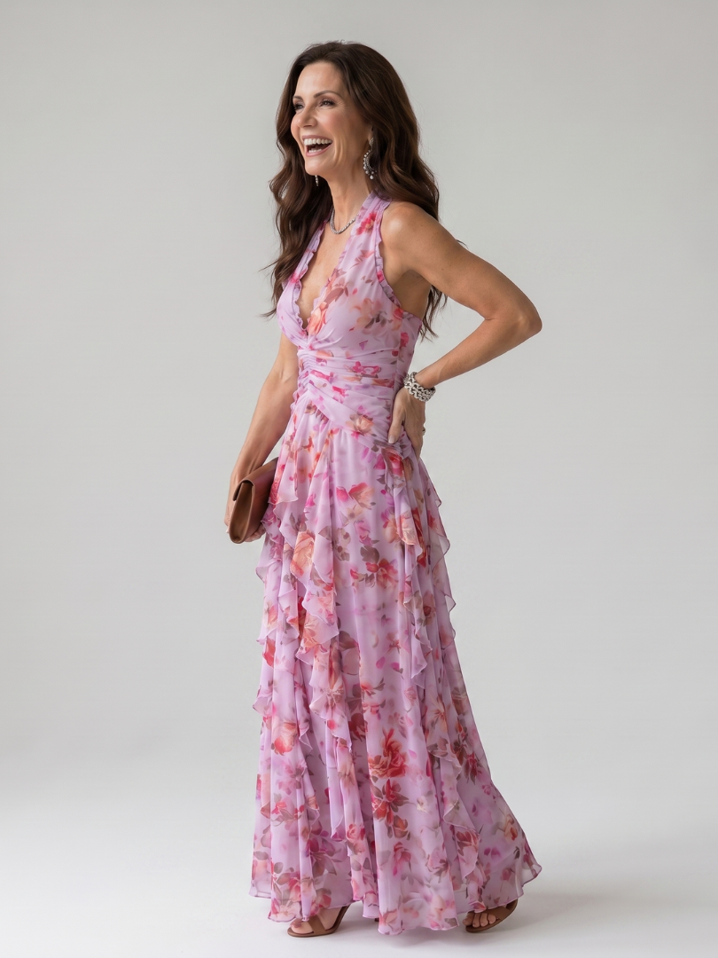 Nori | Abito Maxi Floreale con Corpino Arricciato e Scollo All'Americana