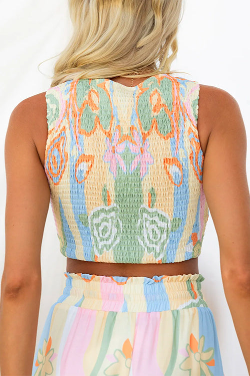 Top corto stampato con scollo rotondo e coulisse