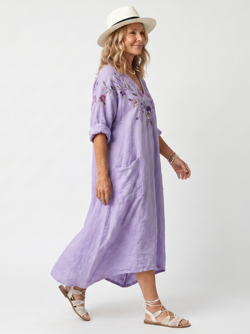 Tavi | Vestito Midi Oversize con Ricami Floreali e Tasche