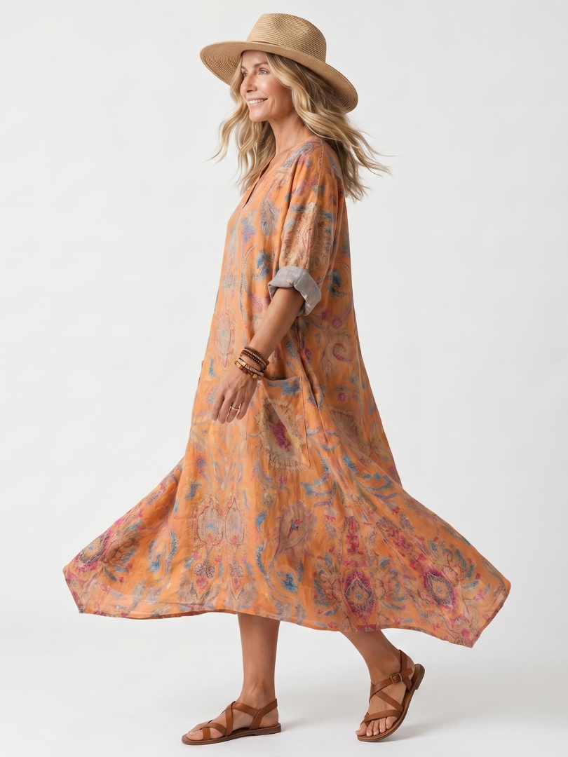Remi | Abito Midi Oversize con Scollo a V e Tasche Stampato