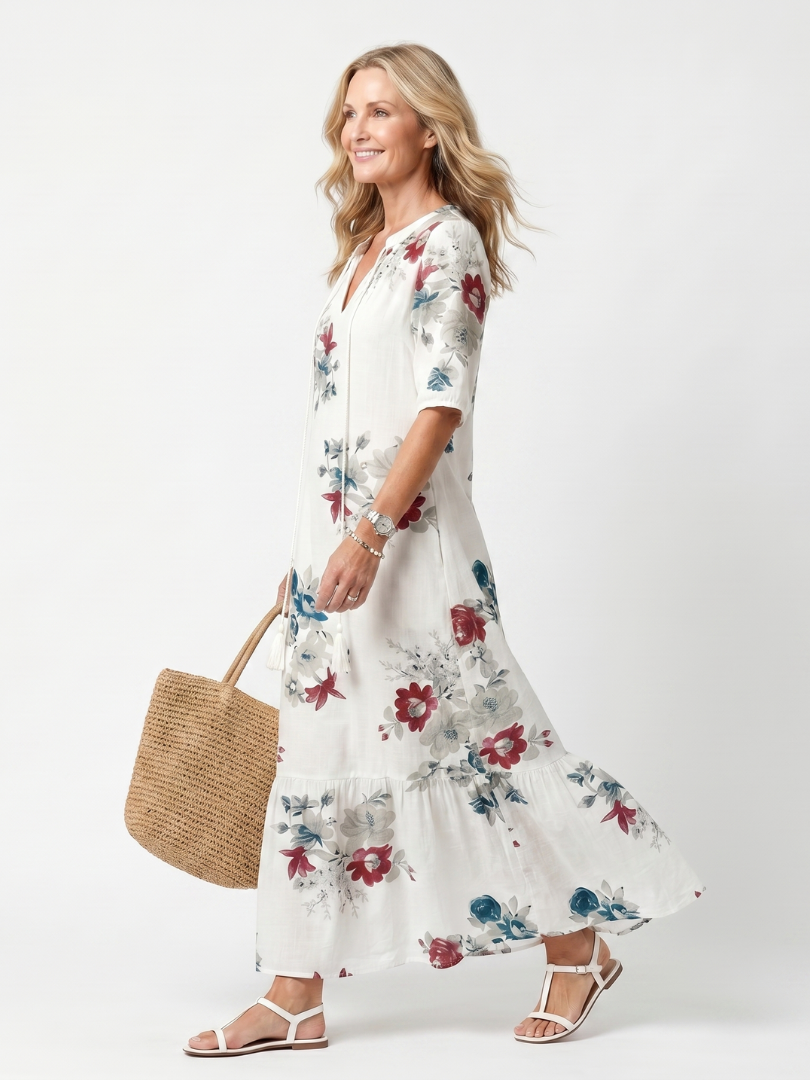 Maeva | Abito Midi con Stampa Floreale Sparsa e Nastrini