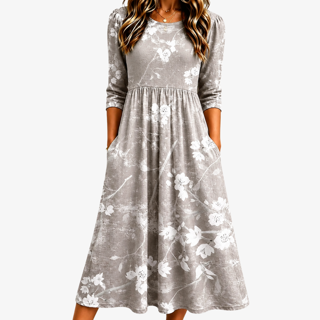 Abito Midi Silver Blossom Grace con Tasche