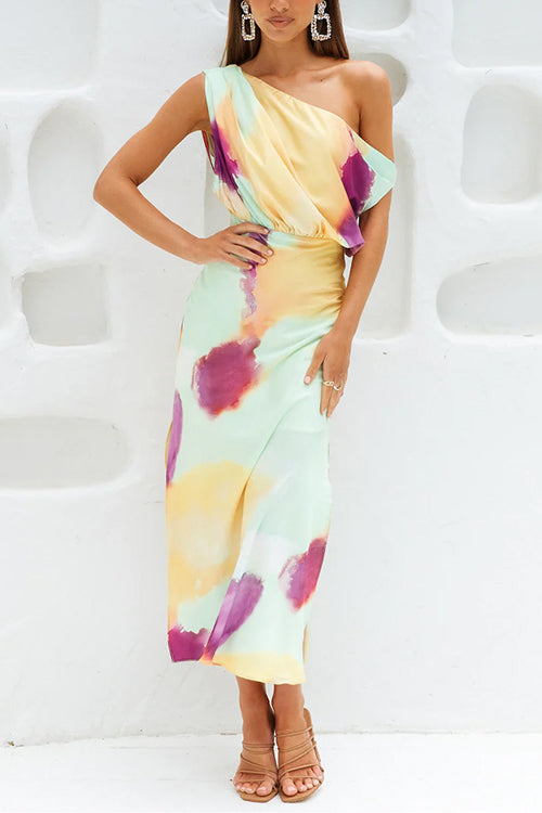 Abito Maxi Asimmetrico con Spalla e Stampa Tie Dye