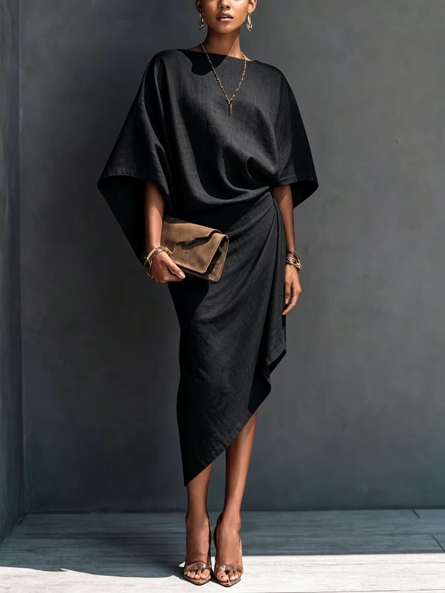 Abito Midi Asimmetrico Drappeggiato Color Khaki con Maniche Corte